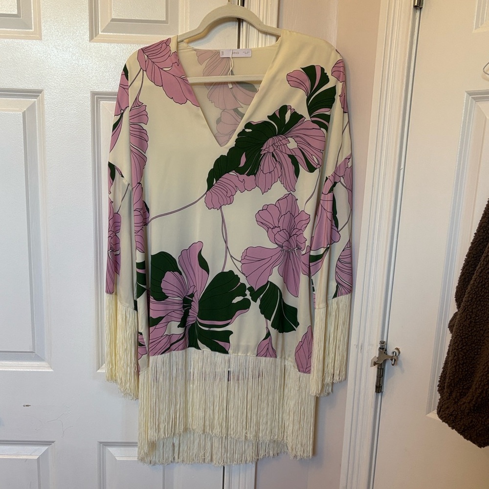 Mango Cream Tunic with Pink Floral Print and Green Leaves